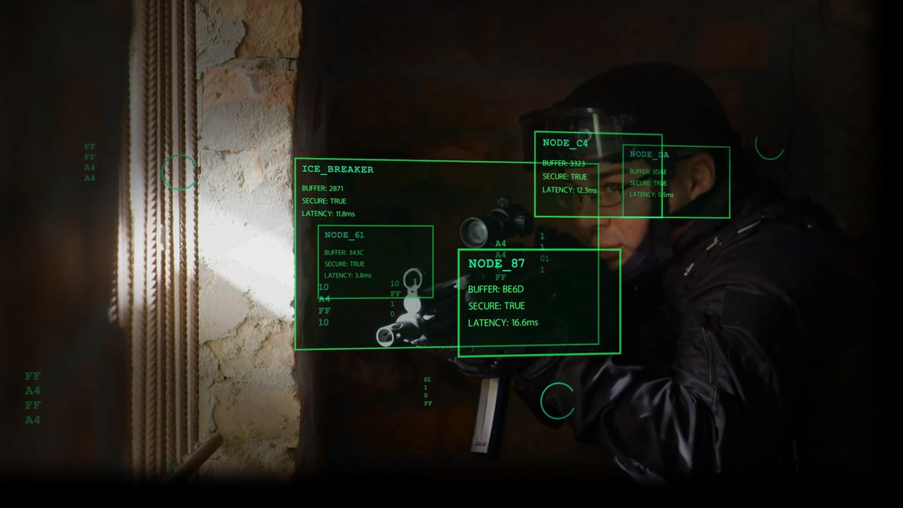 Male operator aiming rifle, using security AR HUD tracking aim, showing NODE_87 scanning area