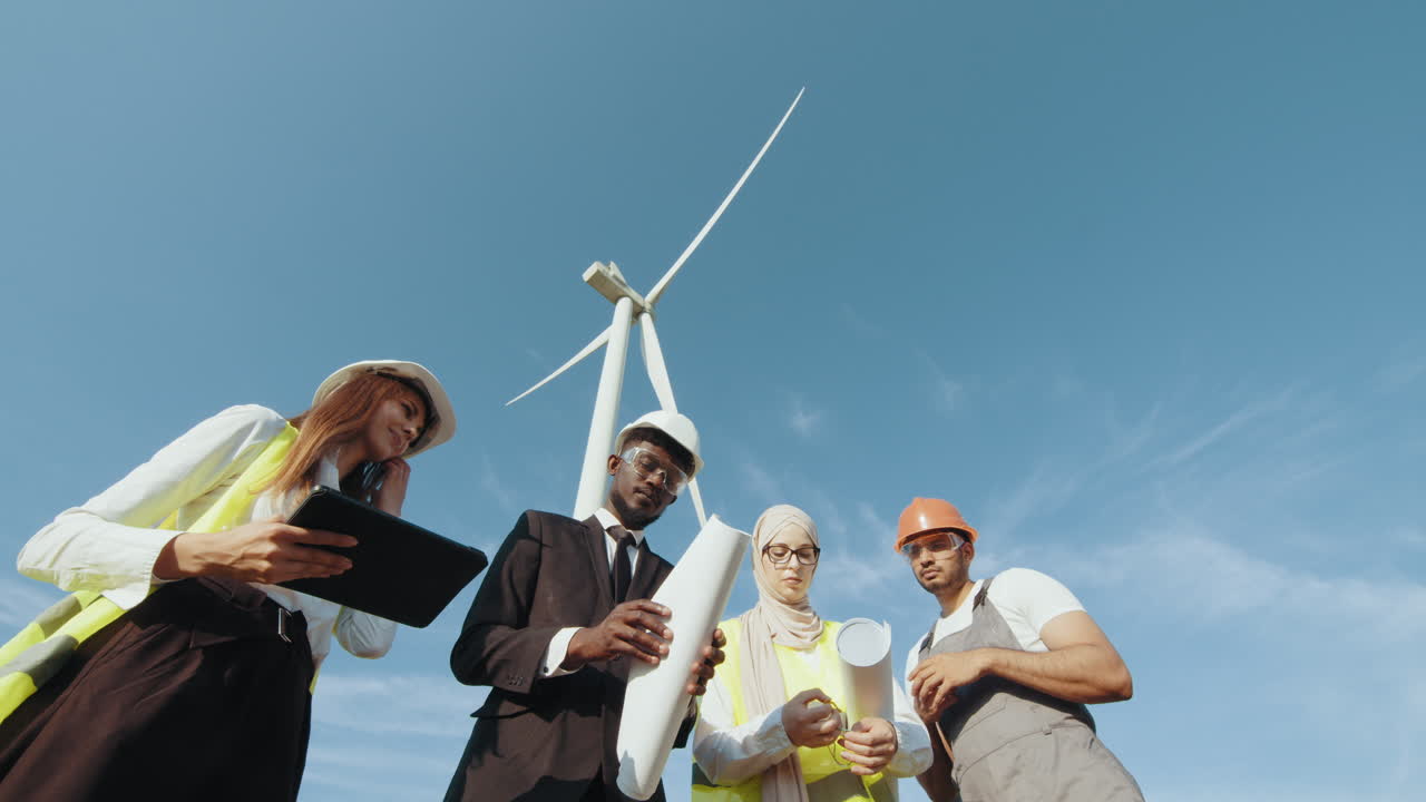 풍력 터빈 프로젝트 계획을 검토하는 엔지니어링 팀