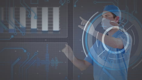 animation of data processing and scope scanning over caucasian male doctor using tablet