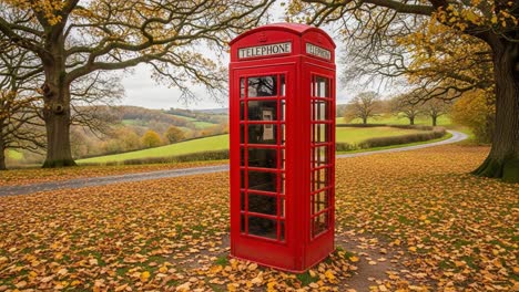 A picturesque scene featuring a classic red telephone booth set against a backdrop of autumn foliage, rolling hills, and a winding path in a serene countryside landscape