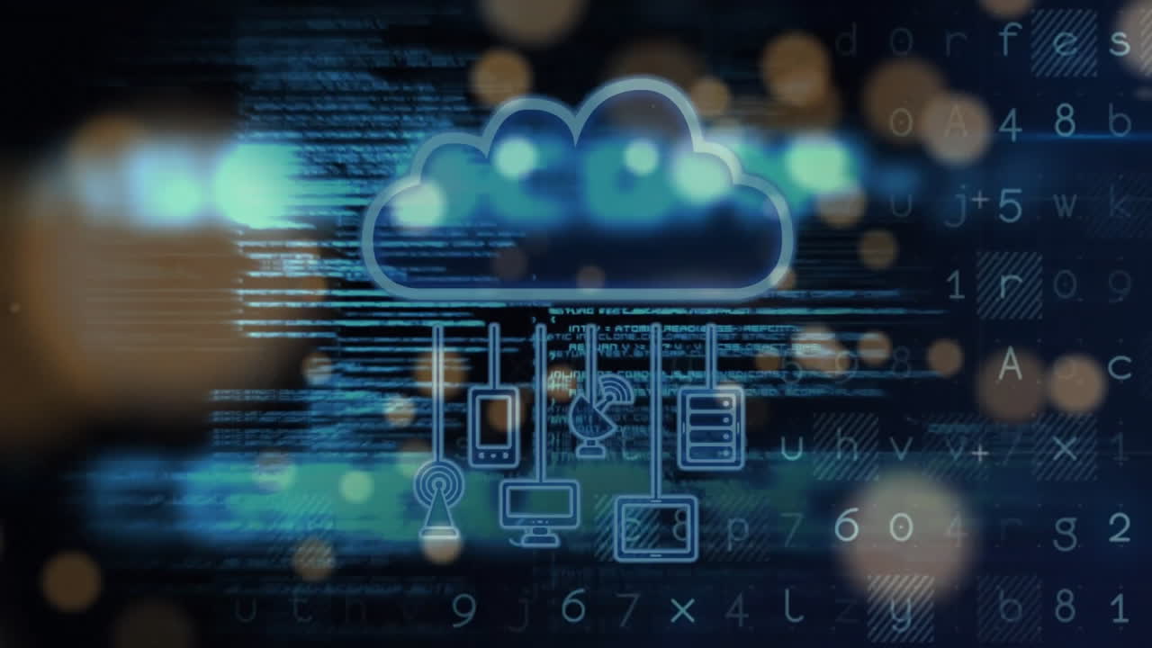 Animation of data processing with icons over light spots on black background