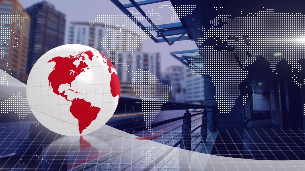 Animation of globe and world map over timelapse with road traffic