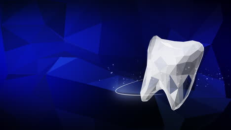 polygonal white 3d model of rotating tooth on blue abstract background. dental animated screensaver. looped motion graphics. copy space.