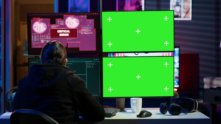 Hacker esegue uno script su schermo chroma key, non riuscendo a violare il firewall.