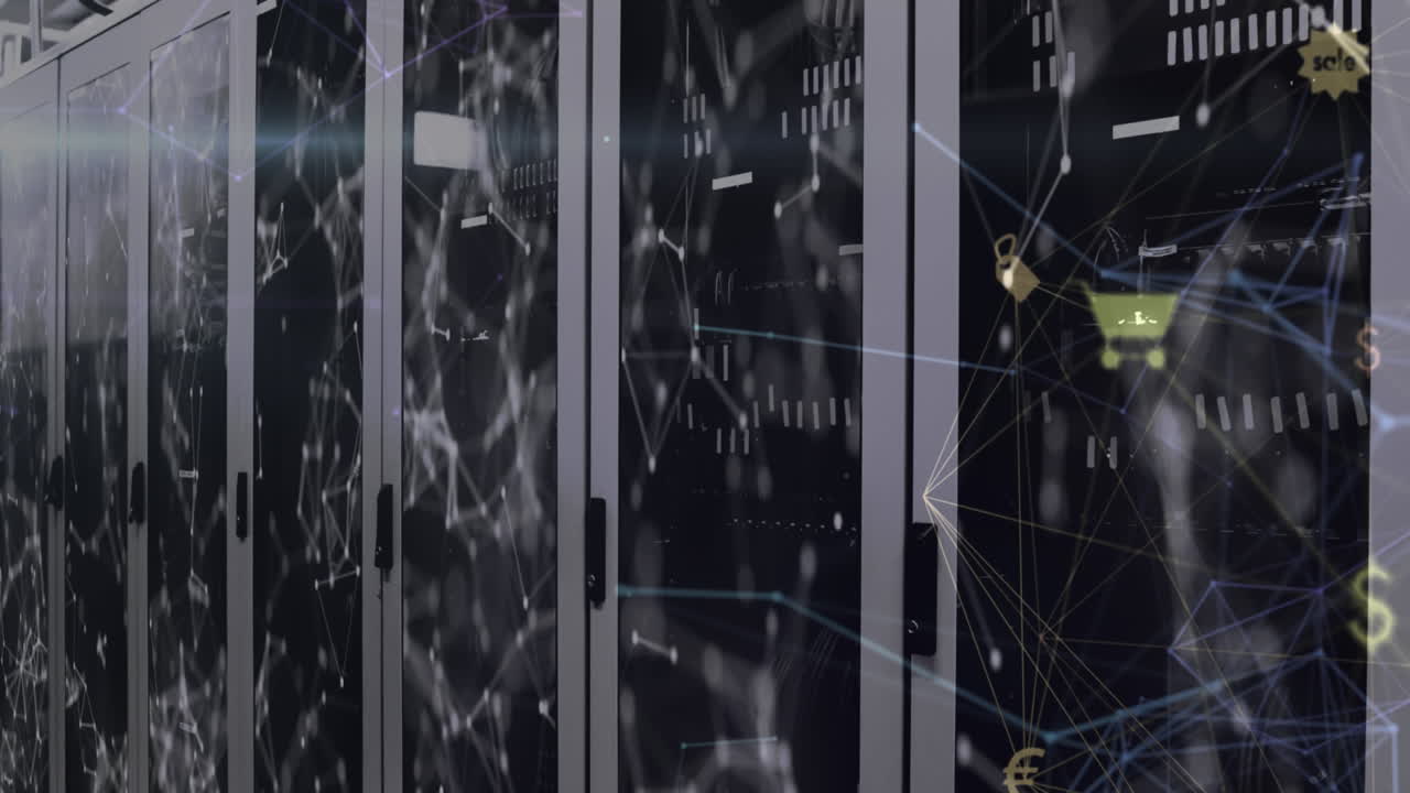 animación de iconos de medios sobre formas y sala de servidores