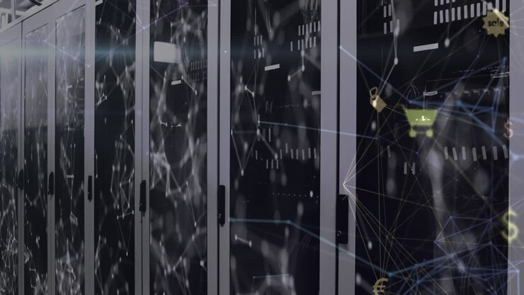 Animation of media icons over shapes and server room