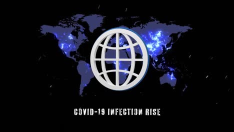 words covid-19 infection rise written over world map and globe on black background.