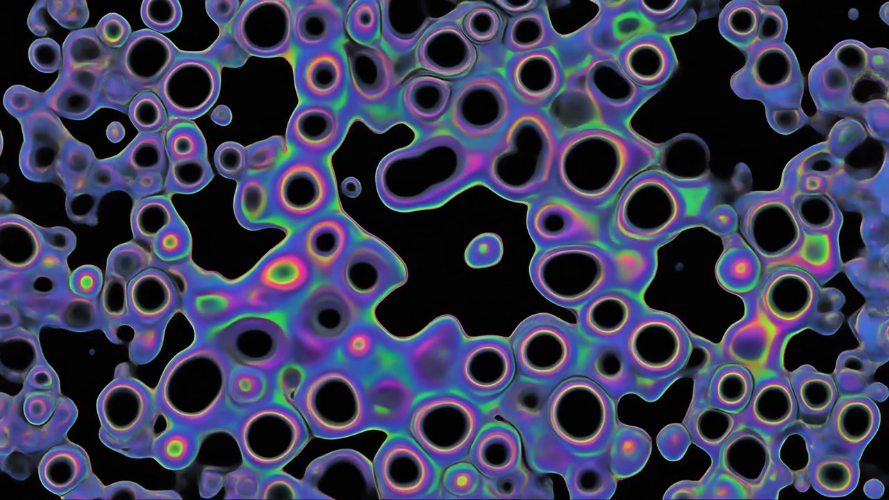 Animazione astratta di bolle liquide iridescenti che si fondono su sfondo nero