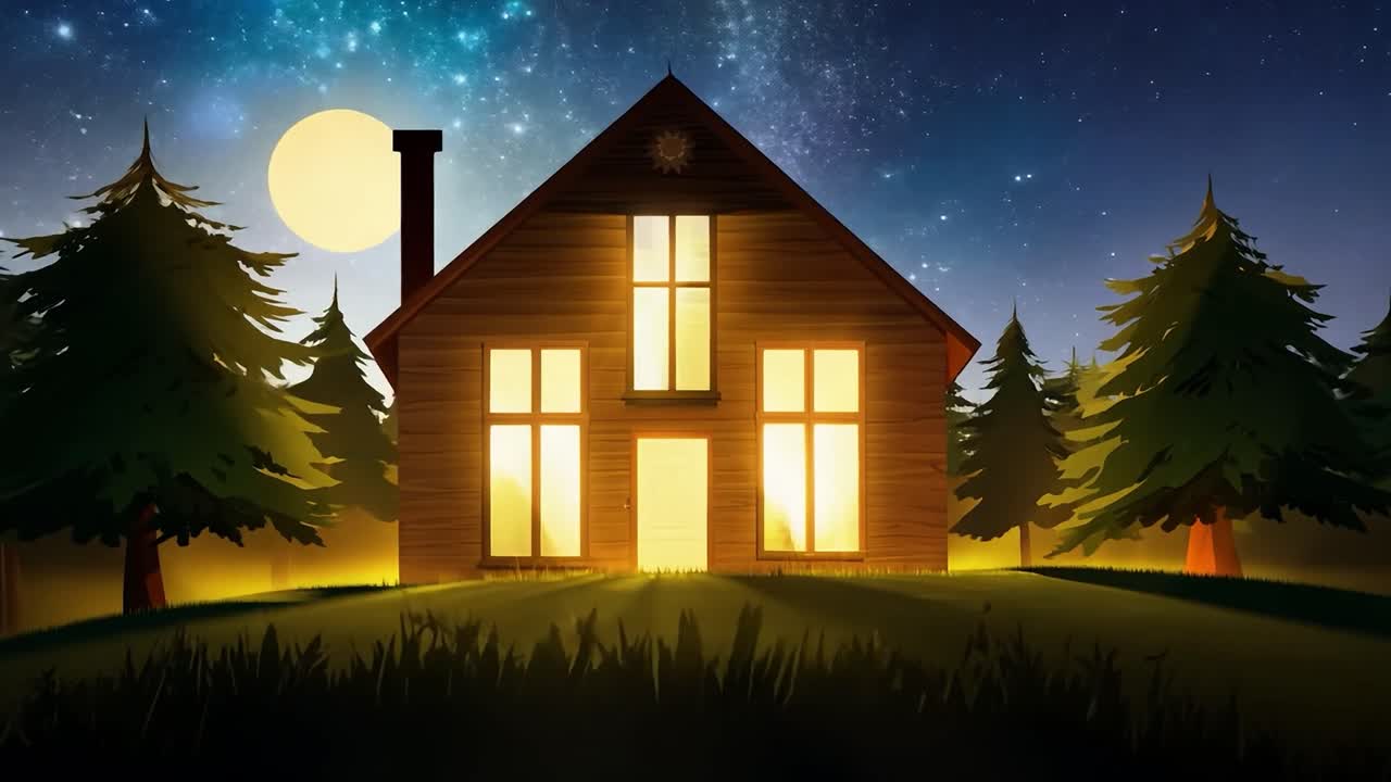 cabaña de noche en el bosque