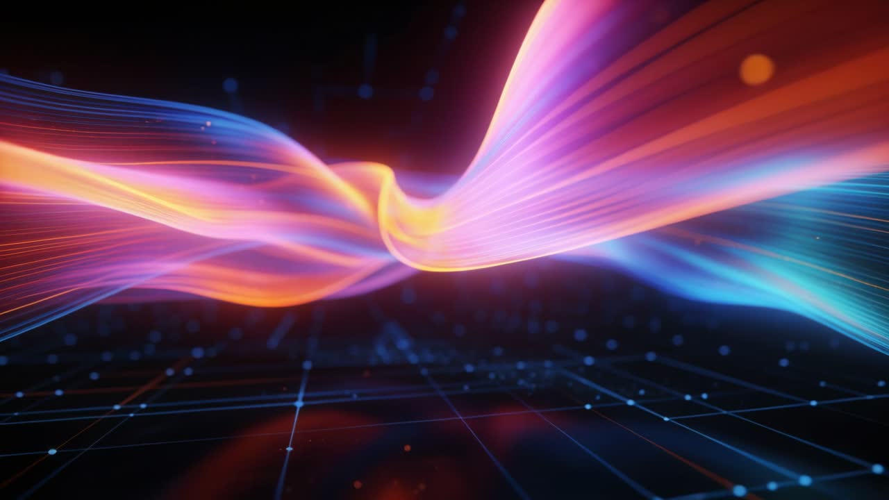 Entering from left, paired glowing ribbons twisting and knotting over dark digital grid and sparks
