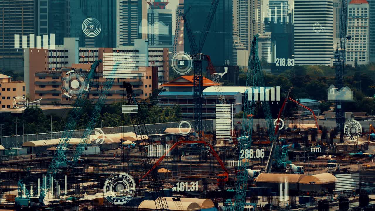 concepto de tecnología de construcción con gráfico de alteración sobre el sitio de construcción