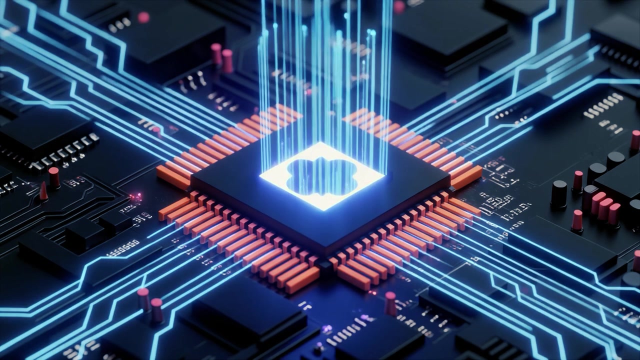 Digital processorchip behandler data med glødende blå lysstrømme