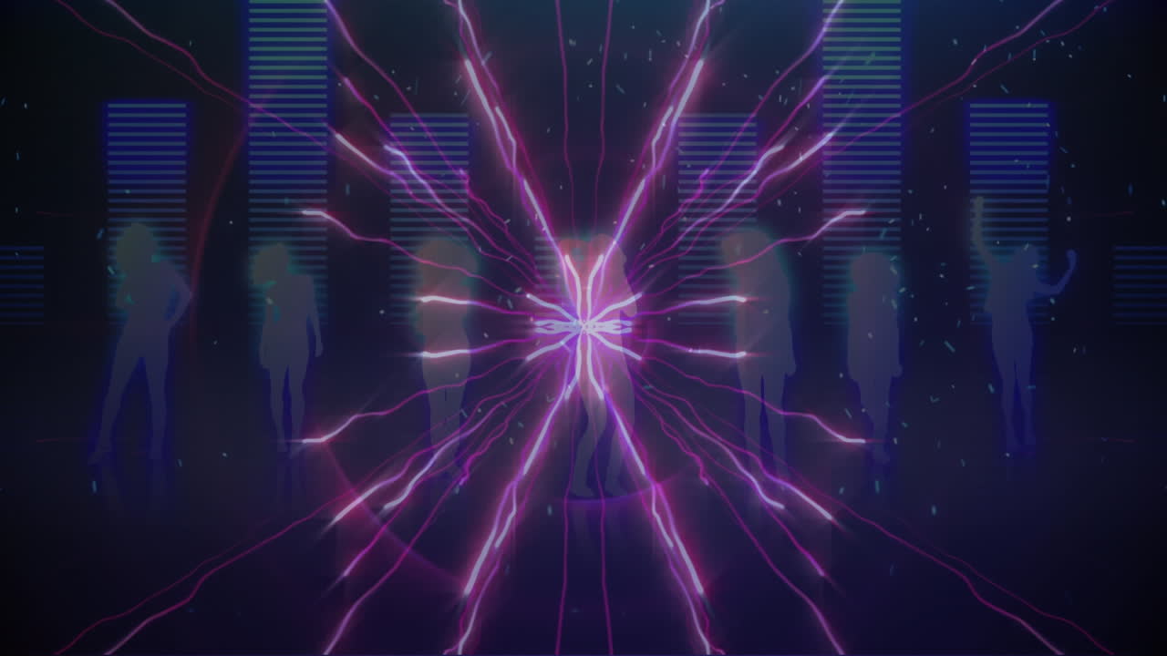 Animazione di punti luminosi e scie di luce con equalizzatore grafico musicale in movimento e persone che ballano