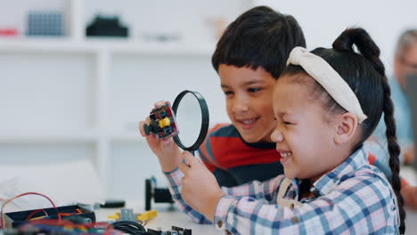 school kids, magnifying glass