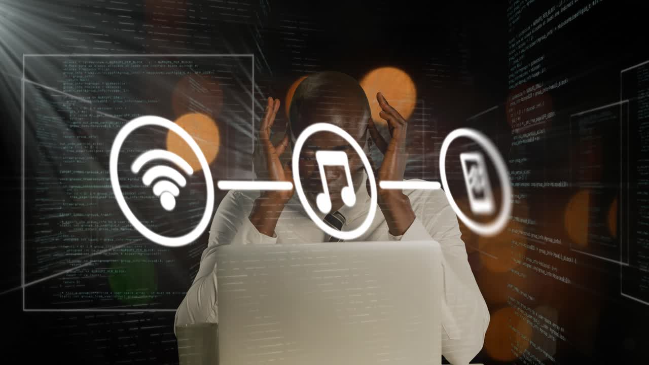 Animazione di una rete di connessioni con icone su un uomo d'affari afroamericano e elaborazione dati.