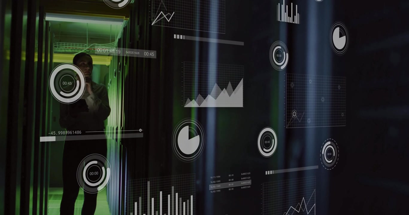 IT engineer scanning tablet, entering server corridor and showing hologram graphs checking metrics