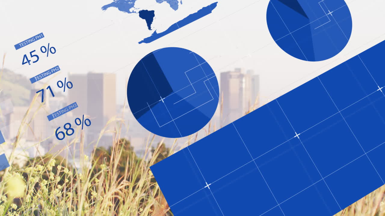 현대 도시 풍경에 대한 잔디의 클로즈업에 대한 인포그래픽 인터페이스의 애니메이션