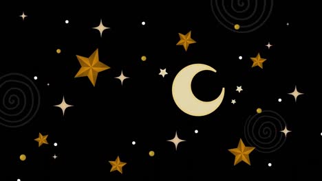 animation of orange and yellow christmas stars and crescent moon on black background