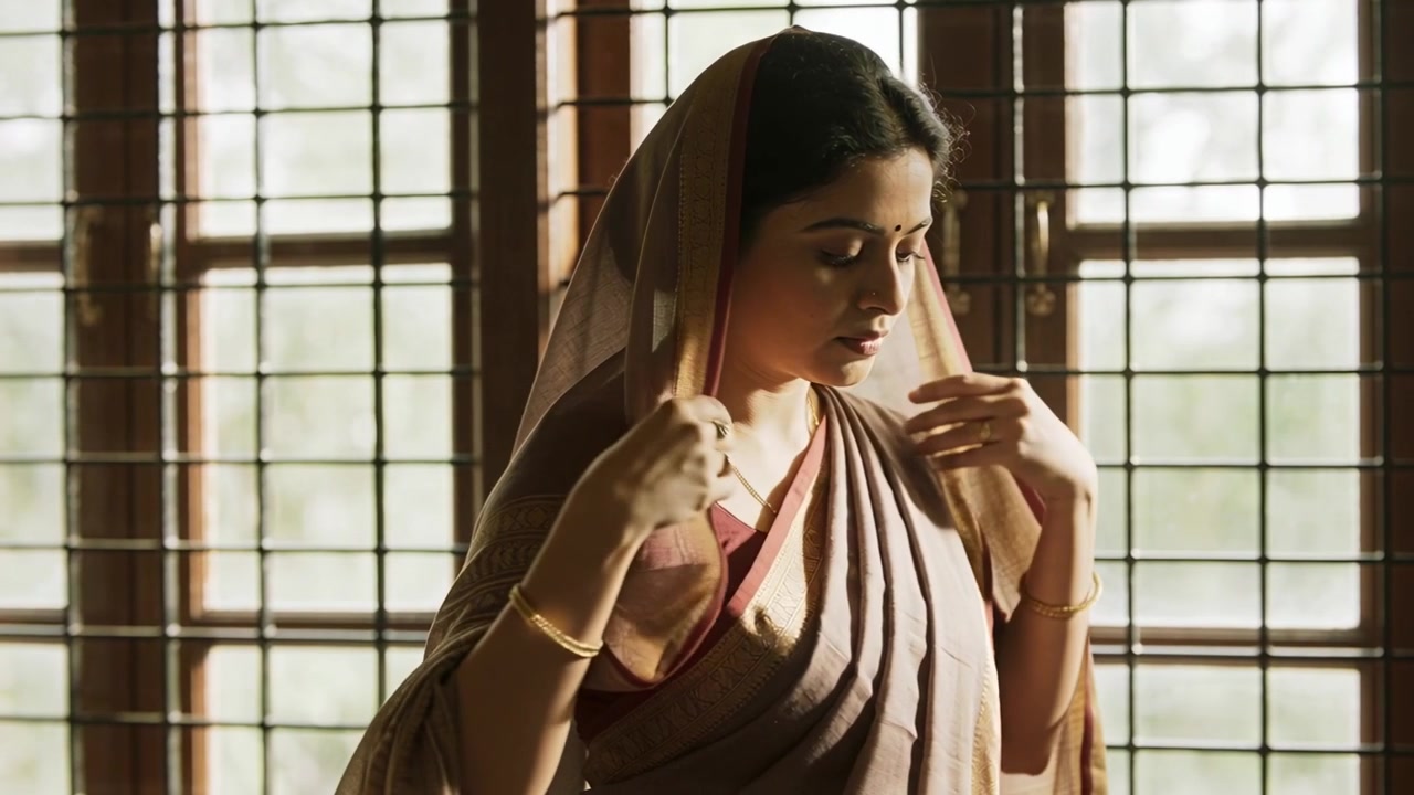 Lifting sheer pallu, Indian woman adjusting sari overhead at window for modesty, showing bindi