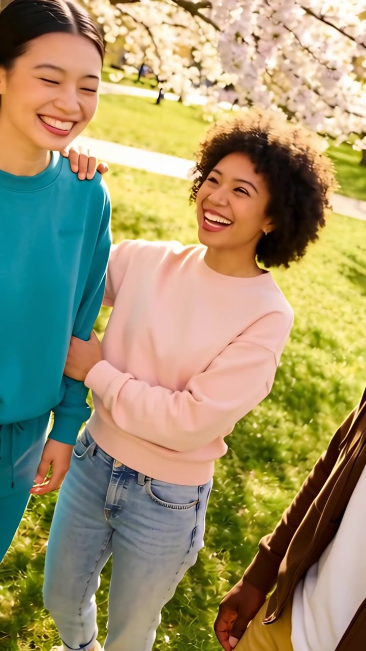 Vertical video: Smiling pink top woman touching teal pal's arm, laughing while walking on park path