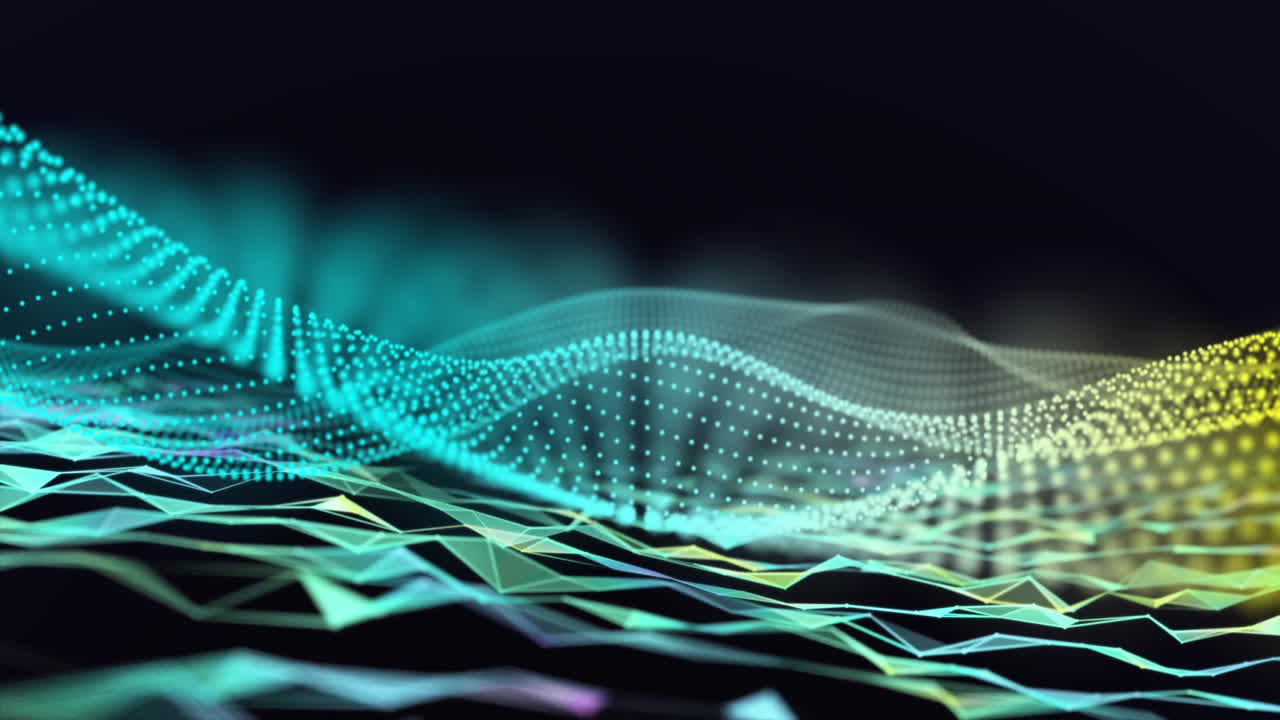 Digital waveforms and data points over abstract geometric landscape