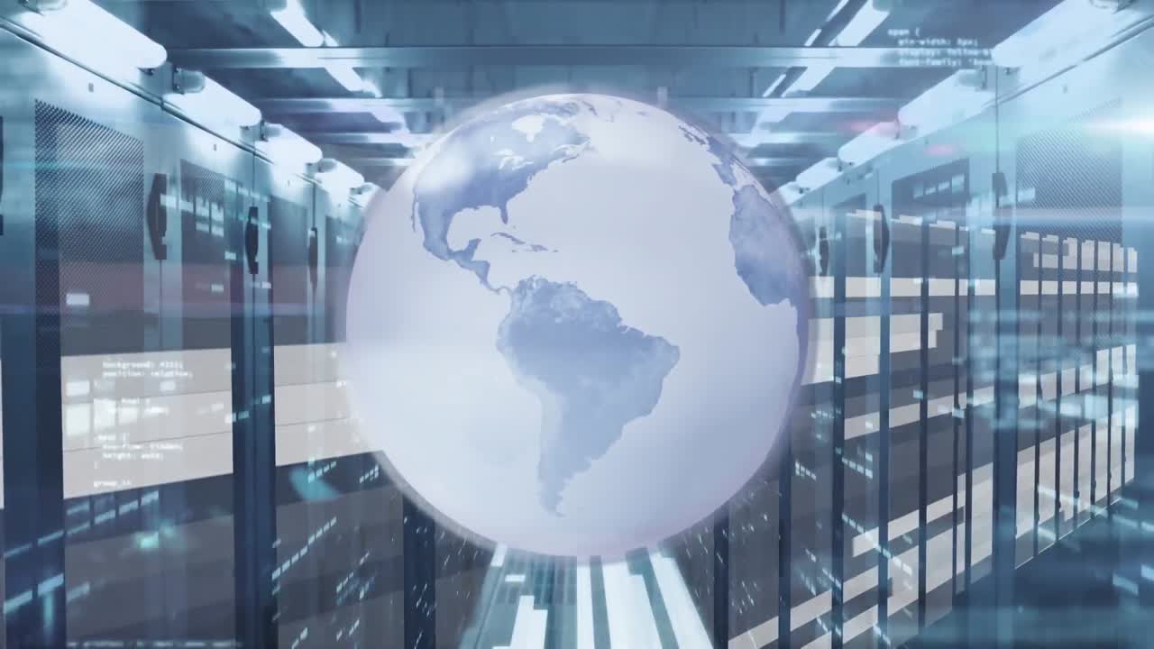 Animation of data processing and globe over server room