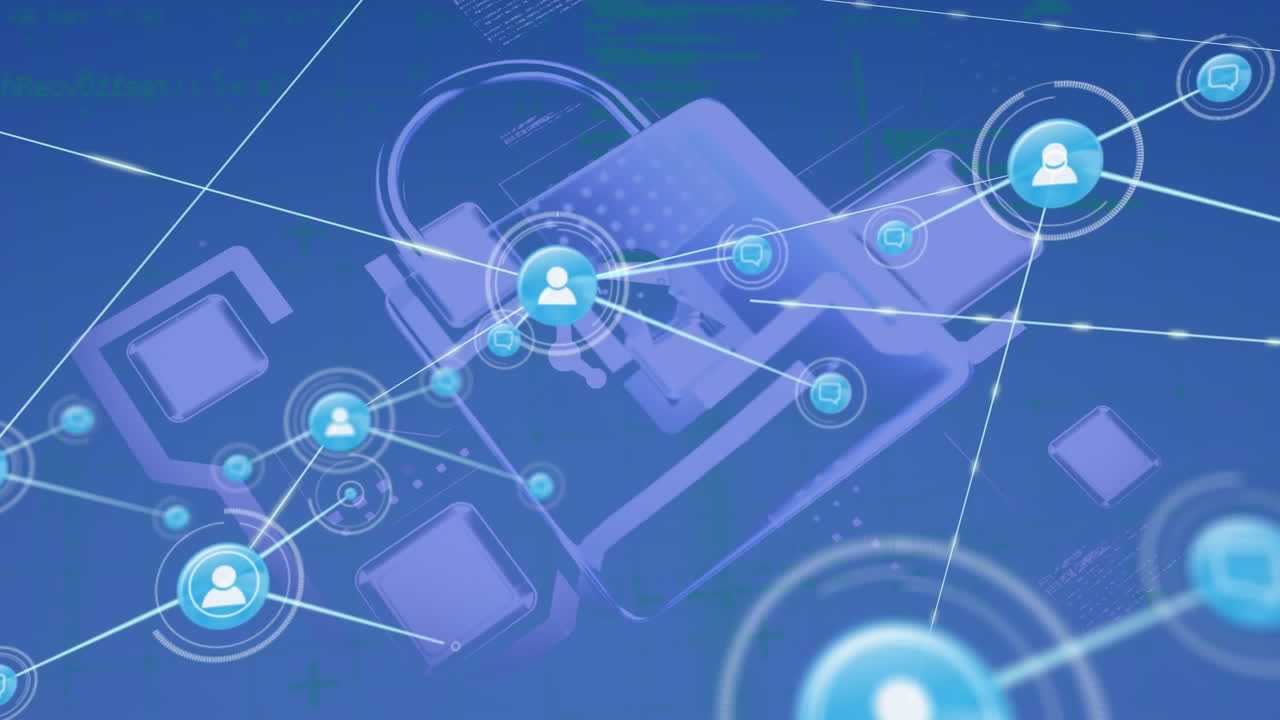 Animation of network of digital icons over security padlock icon and data processing