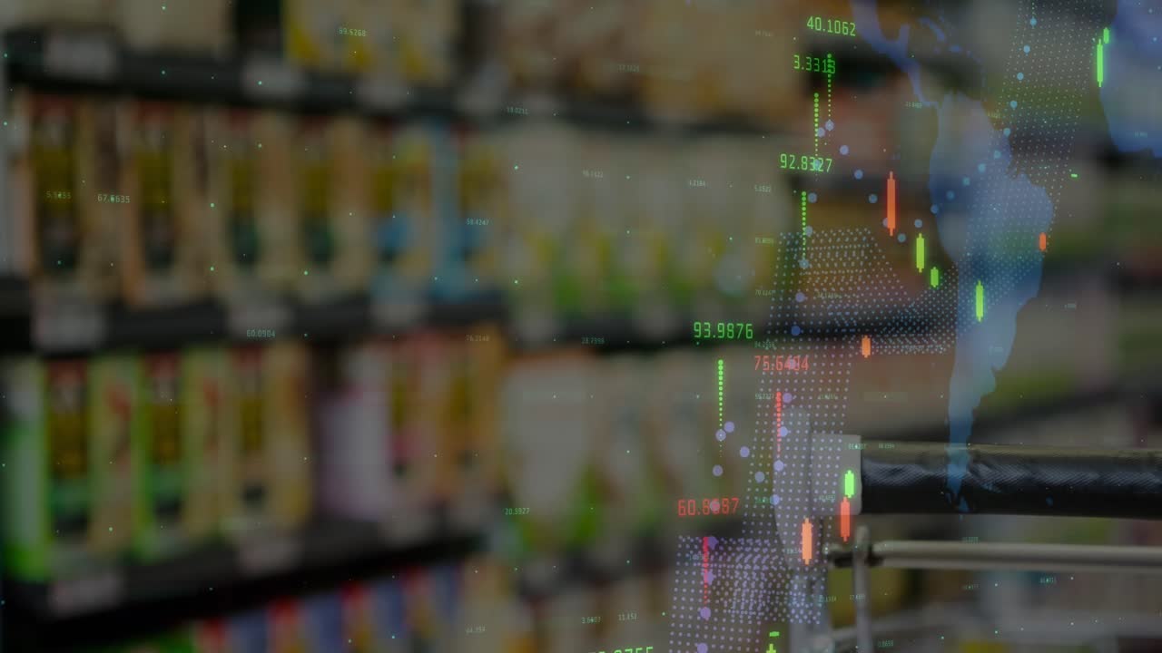 Animation der Datenverarbeitung über einem Einkaufswagen im Geschäft