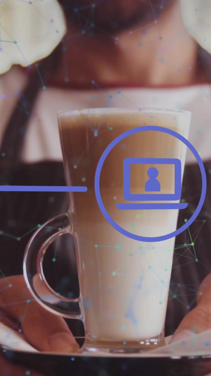 Animazione di rete di connessioni con icone su uomo caucasico che tiene in mano un caffè