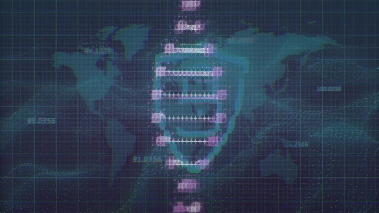 Digital double helix graphic floating over grid and dot map, showing waveform rungs and aqua labels