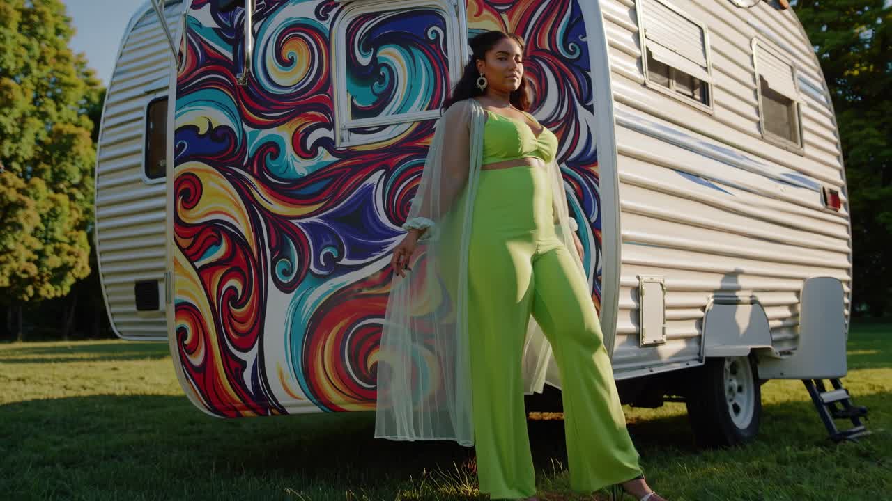 Plus size fashion model wearing a light green two piece suit and a light, sheer duster is posing near a brightly painted trailer in a park setting, showcasing confidence and style