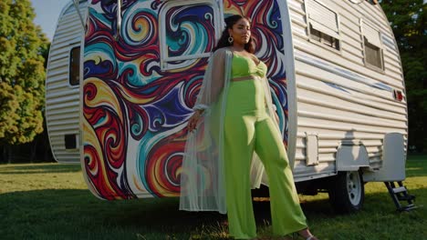 plus size fashion model wearing a light green two piece suit and a light, sheer duster is posing near a brightly painted trailer in a park setting, showcasing confidence and style