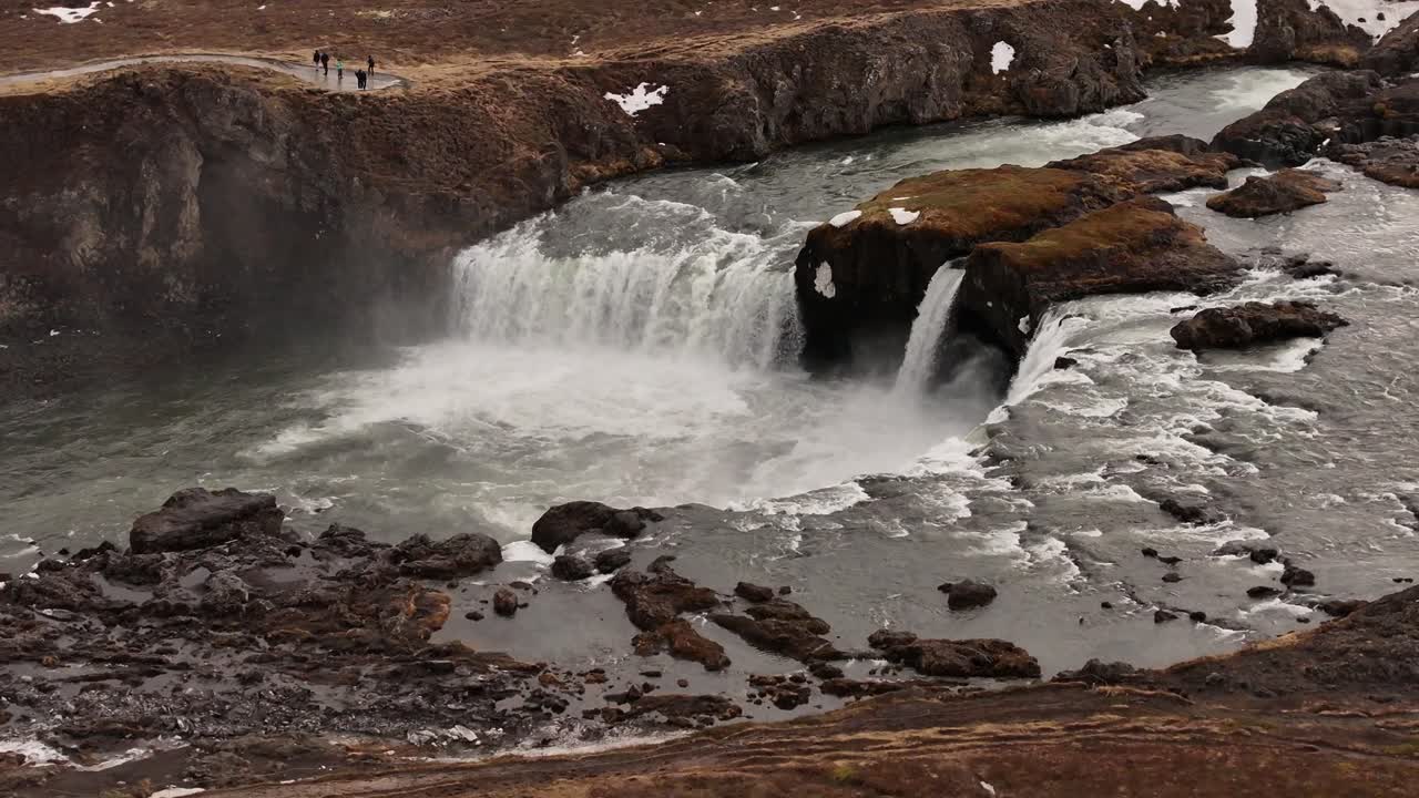 Goðafoss waterfall in Iceland, drone view, river flow, rocky terrain and stunning natural beauty, Wasserfall der Götter, Skjálfandafljót, Laugar.