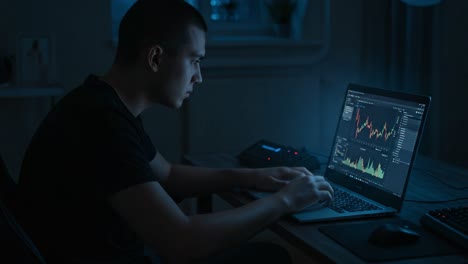 A Focused Individual Analyzing Financial Data on a Laptop in a Dimly Lit Room, Engaged in Trading and Market Analysis for Strategic Decisions