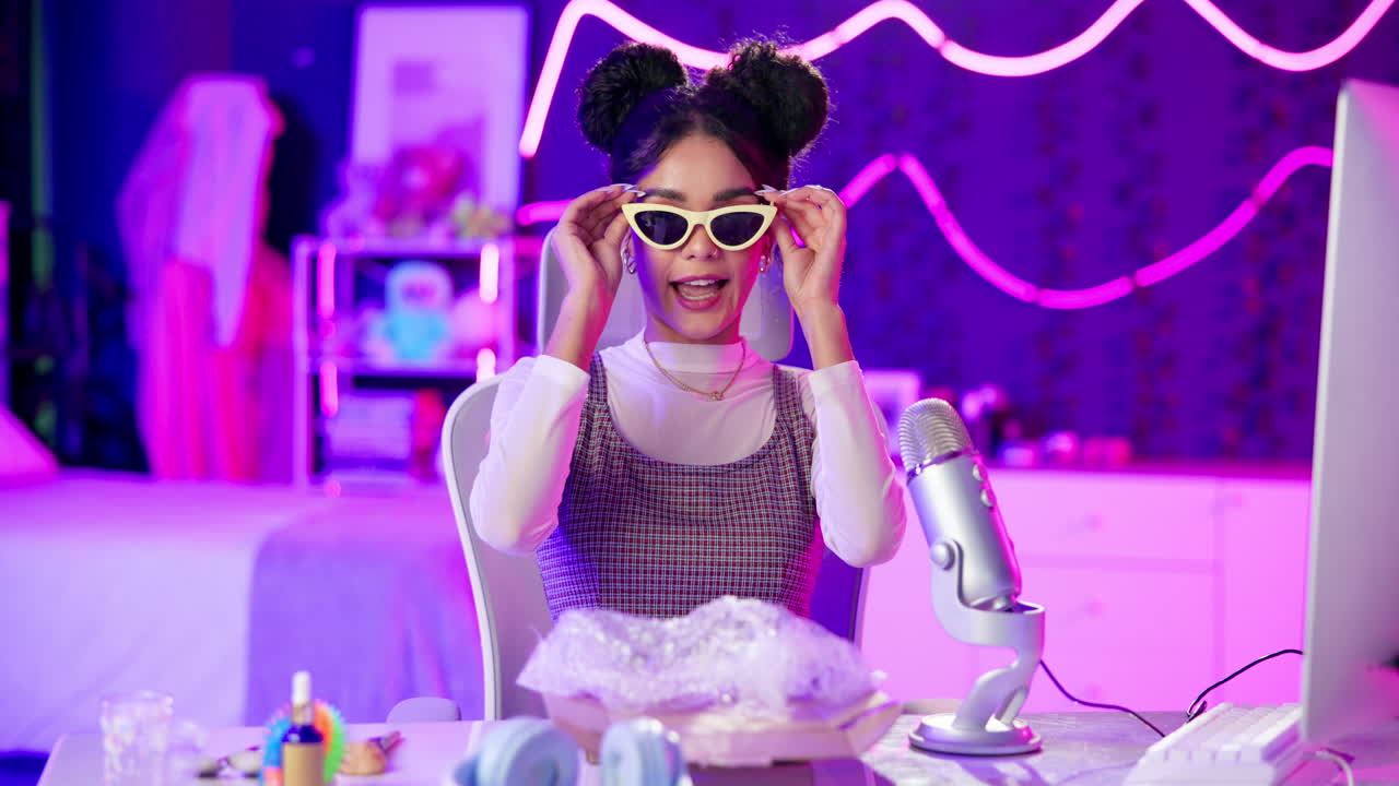 Woman streaming on a podcast