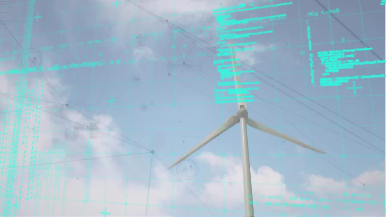 Animazione di elaborazione dati e rete di connessioni su turbina eolica
