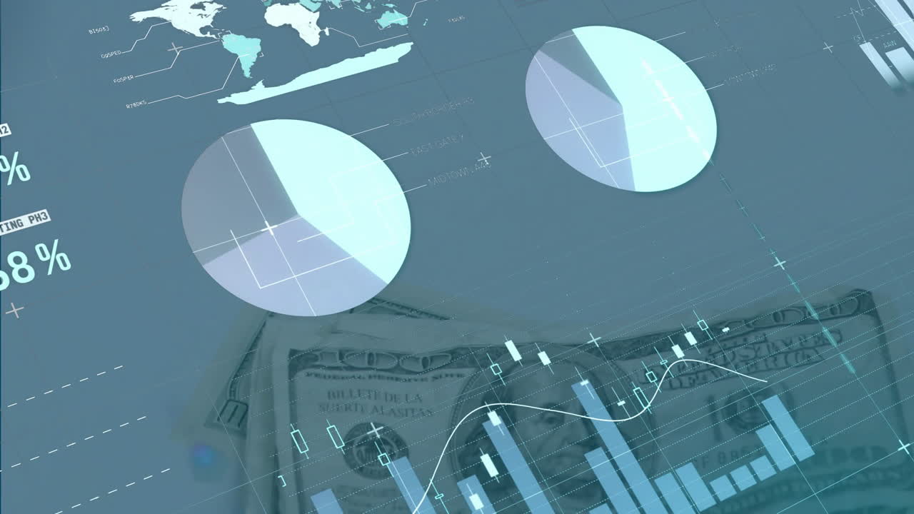 백색 배경에 테이블 위에 있는 달러 지폐에 대한 인포그래픽 인터페이스의 애니메이션