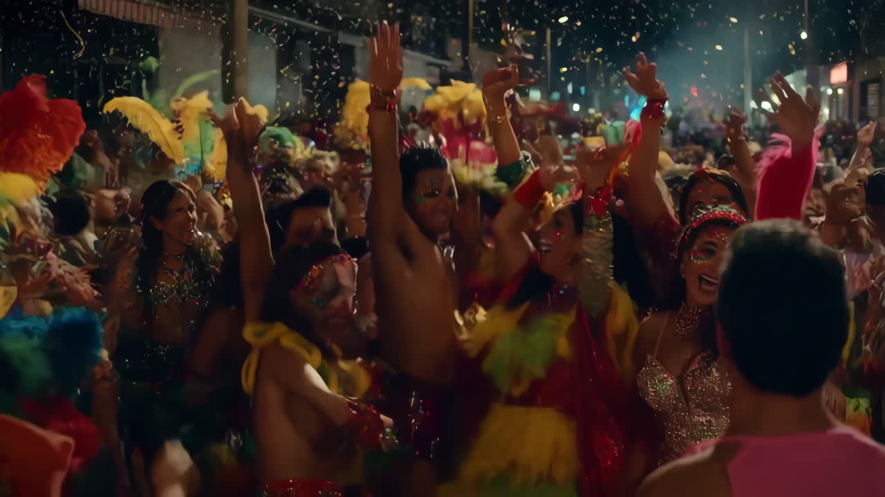 Vibrant Carnival Celebration at Night with Dancing Crowds