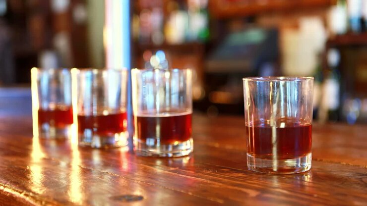 Mezzo busto di barman che serve whisky al bancone del bar