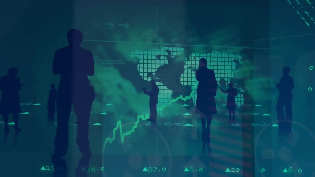 Animation of business people with world map and financial data processing