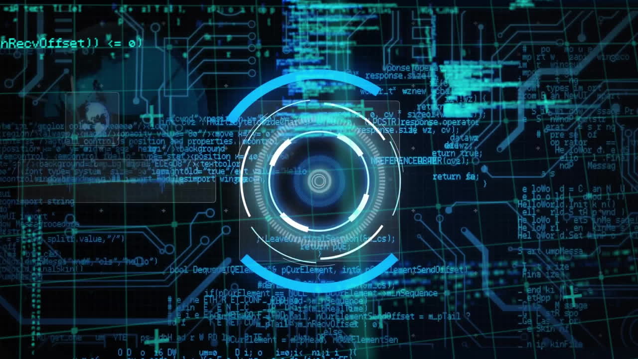 Animation of scope scanning with data processing over computer circuit board on black background