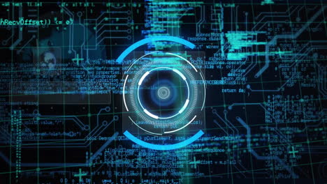 animation of scope scanning with data processing over computer circuit board on black background