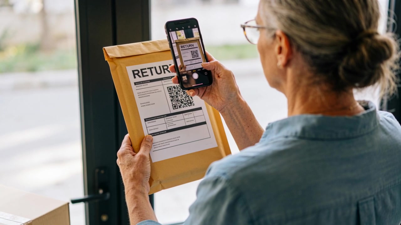 Donna che scansiona, con in mano una busta per il reso alla porta d'ingresso, usando lo smartphone per catturare il codice QR per il reso.