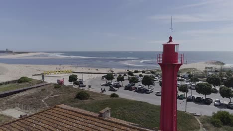 Esposende-Lighthouse-aerial-view-in-4k,-Farol-de-Esposende-drone-shot,-pull-back-shot,-Fort-of-São-João-Baptista