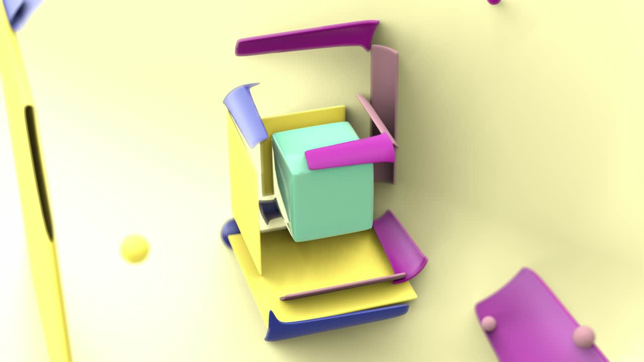 animación de bucle 3d sin costuras de cubos flotantes abstractos y piezas coloridas flotando a su alrededor en colores brillantes. animación 4k 3d.