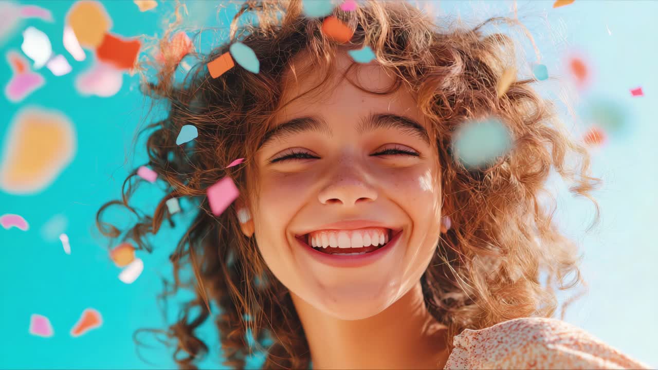 Una giovane donna con i capelli ricci sorride radiosa mentre coriandoli colorati le piovono addosso, creando un’atmosfera vivace, piena di entusiasmo e celebrazione