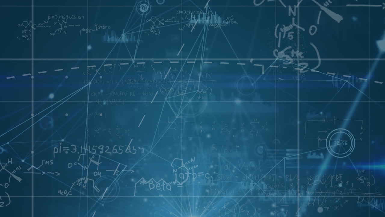 animación de ecuaciones matemáticas y procesamiento de datos sobre un fondo negro