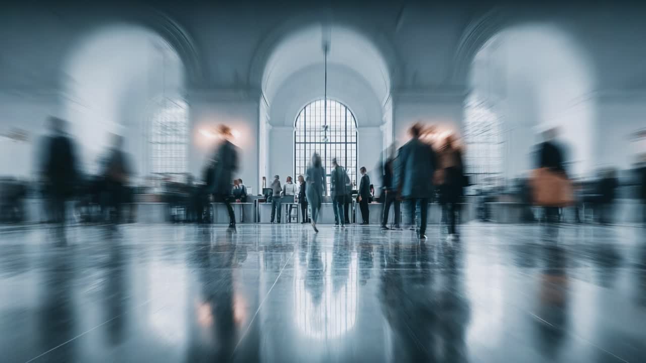 A Serene Transition: Capturing the Dynamic Movement of Individuals in a Modern Architectural Space with Elegant Lighting and Reflection Effects