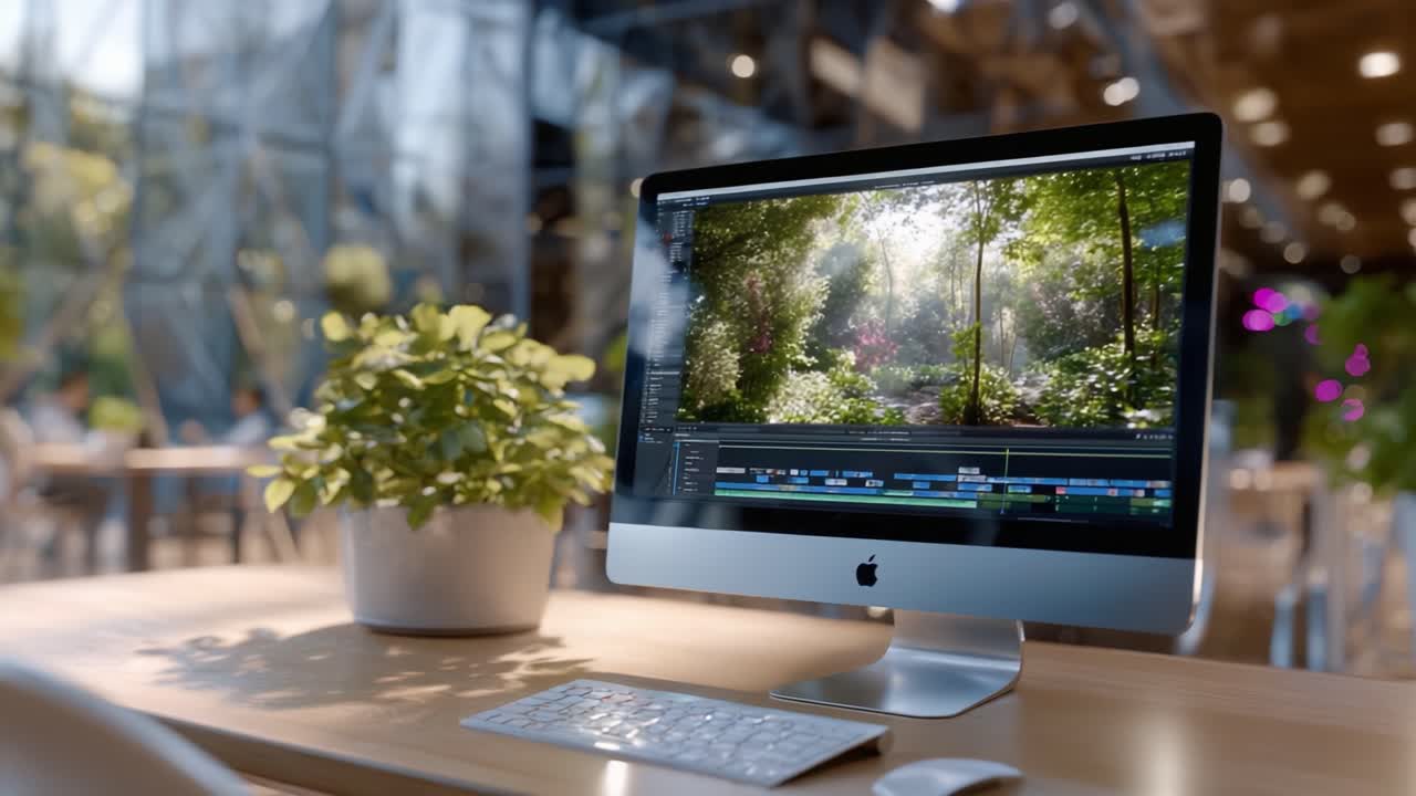 Un'area di lavoro moderna con un elegante computer che mostra una vegetazione lussureggiante, ideale per il lavoro creativo e l'editor di video in un ambiente luminoso e accogliente