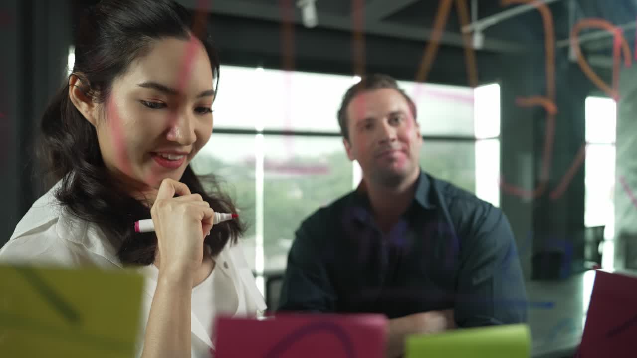 Young confident businesswoman present project to expert investor. Manipulator.